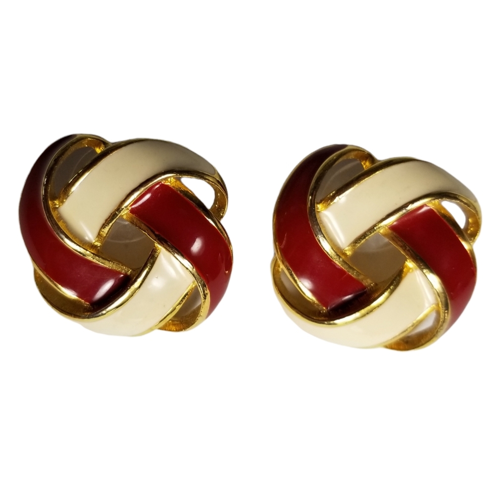 Vintage 80s/90s Red and White Gold Tone Knotted Circle Earrings Post Back